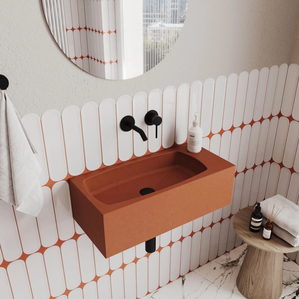 Umywalka betonowa prostokątna bez otworu na baterię 65 x 30 cm z półką ZALM i konsola