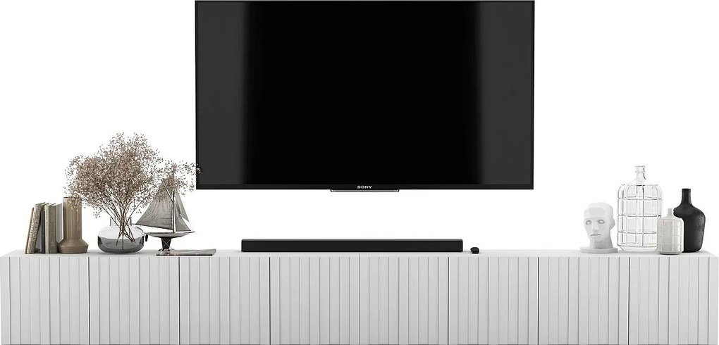 Szafka RTV z 8 drzwiami – Korpus biały mat, frezowane fronty biały mat – 300 cm