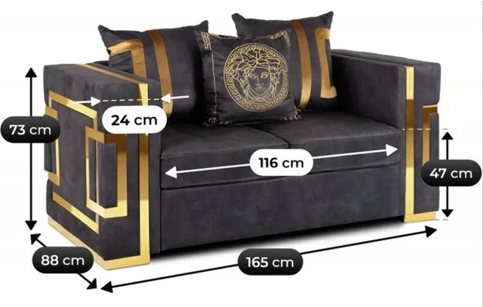 Sofa PALLAZO 2S Dwuosobowa Czarno/Złota Welurowa Nowoczesna Glamour