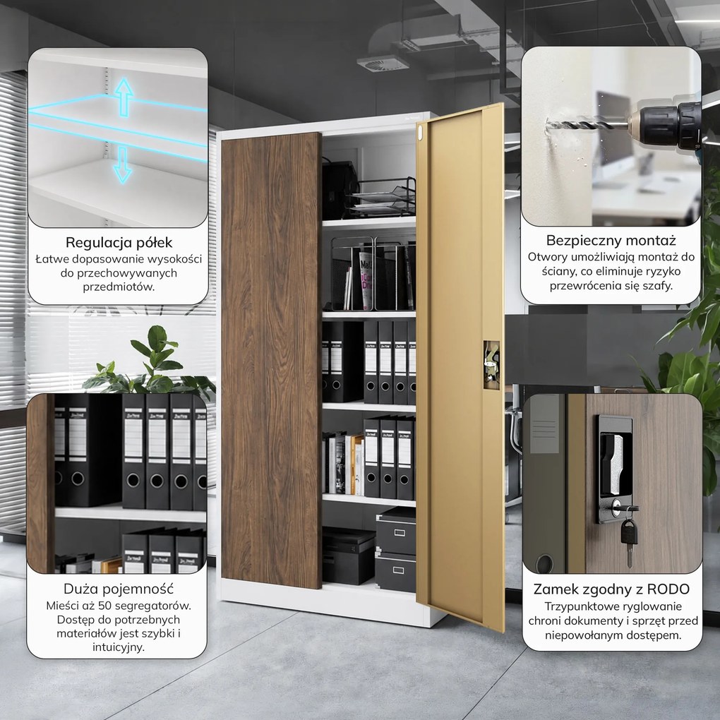 Szafa biurowa na dokumenty z 4 półkami biała/orzech, 900x1850x400 mm: JAN Eco Design