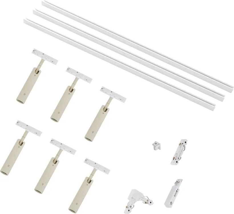 Nowoczesny system oświetlenia szynowego Slimline Uzzy z 6 reflektorami w kolorze beżowym i białym, jednofazowy