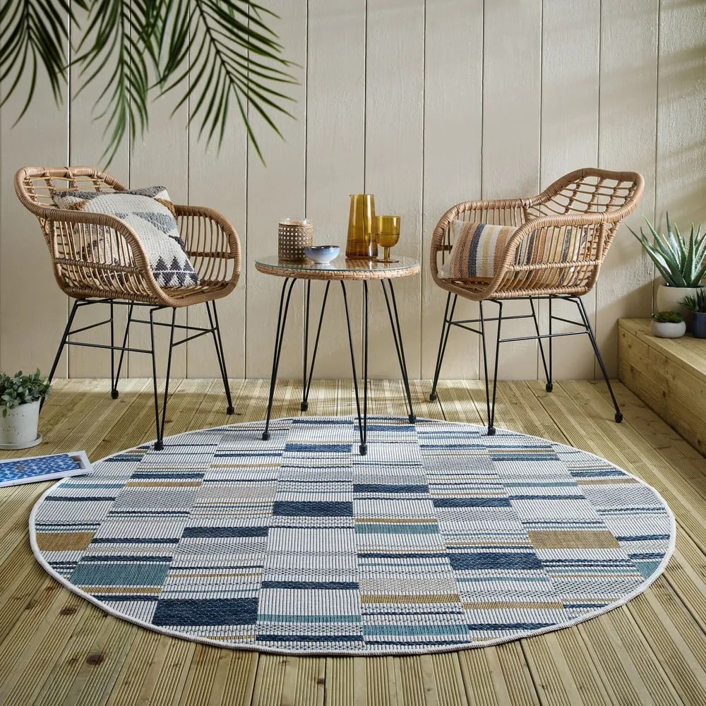 Żółto-niebieski okrągły dywan odpowiedni na zewnątrz ø 160 cm Rosco Geo – Flair Rugs