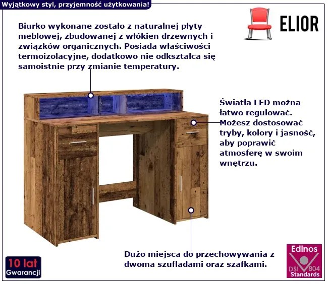 Biurko podświetlane 120 cm stare drewno - Duna