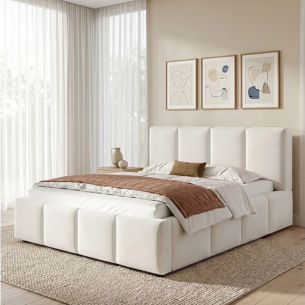 Łóżko tapicerowane dwuosobowe - 180 x 200 cm - z podstawą z listew + zagłówek - szenil - beż