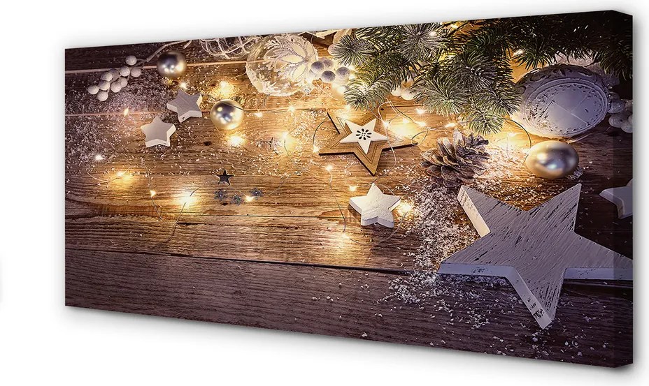Obraz drukowany na płótnie Świąteczna Kompozycja: Bombki, Szyszki i Lampki