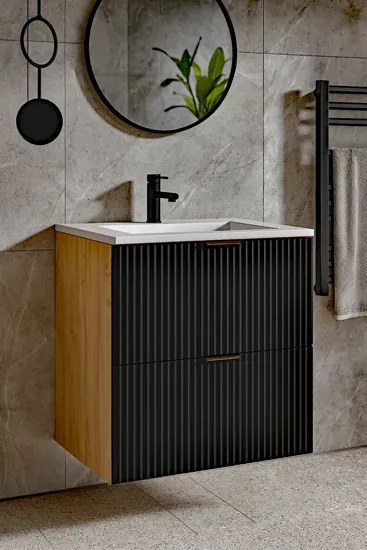Umywalka z ryflowaną szafką ścienną czarny + orzech M5-E25
