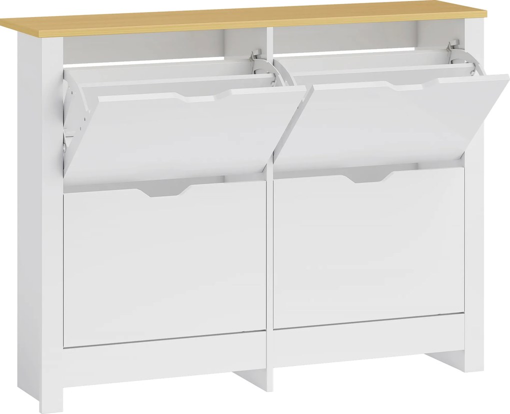 HOMCOM Wąska szafka na buty z 4 uchylnymi przegrodami, na 8–16 par butów, 105 x 26 x 80 cm, biały + naturalny | Aosom PL