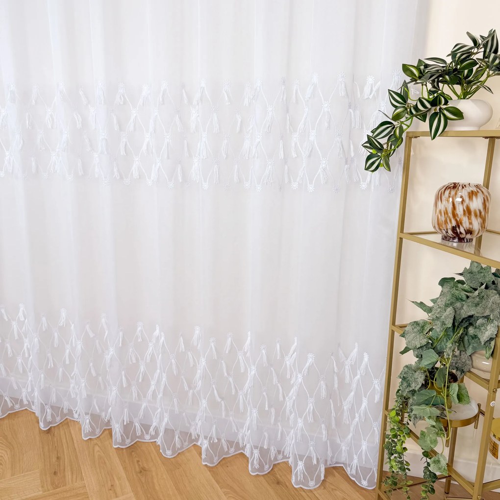 Firana podkład bambus biała z frędzlami ozdobna - wys. 300 cm