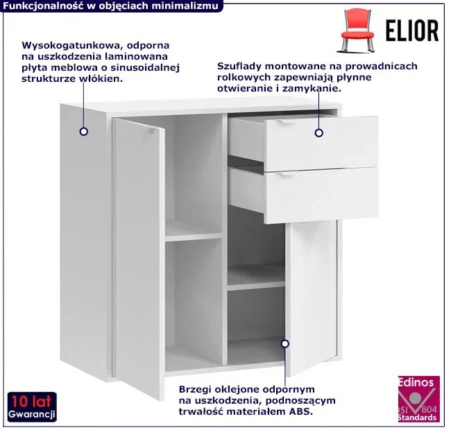Biała komoda z 2 szufladami i drzwiczkami - Pevo