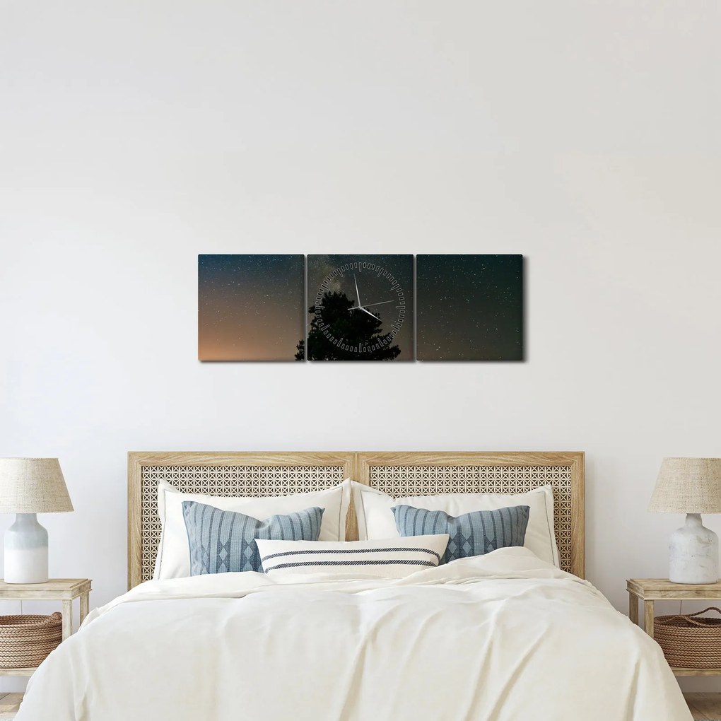Obraz nocnego nieba z drzewami (z zegarem) (90x30 cm)