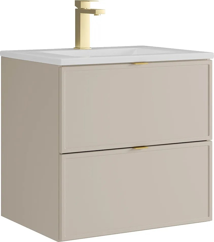 Wisząca szafka łazienkowa z umywalką wpuszczaną i baterią – beżowa – 60 cm – ONDIL