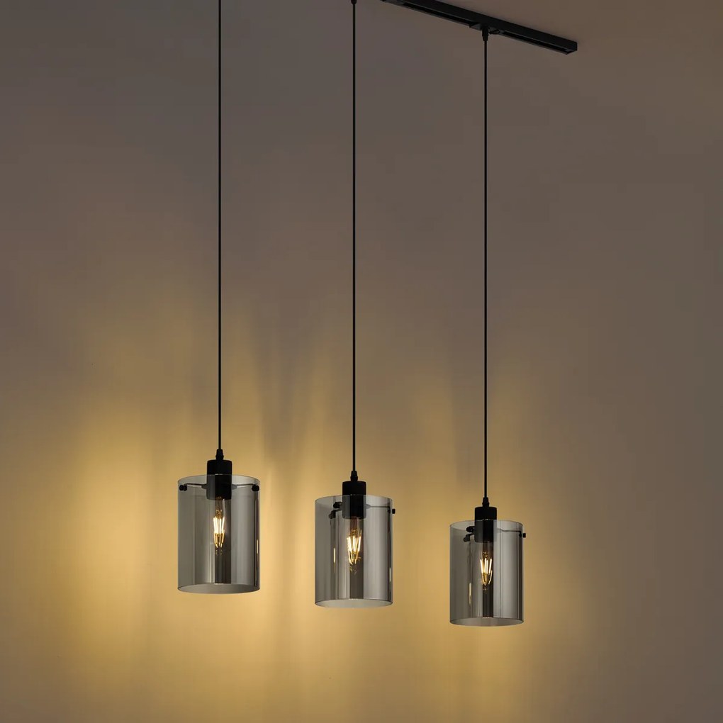 Modern 1-Phase Track System Black with 3 Smoke Glass Pendant Lamps - Iconic Dome