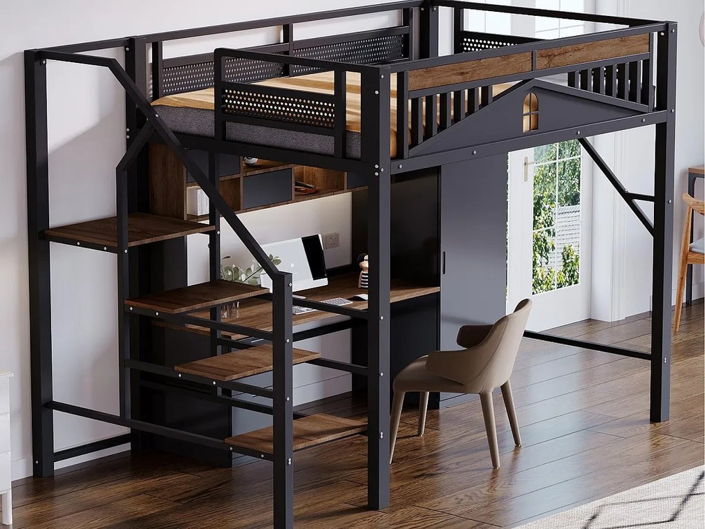 Łóżko piętrowe metalowe 140×200 cm - z drabiną - z barierkami bezpieczeństwa - czarne (materac nie jest dołączony)