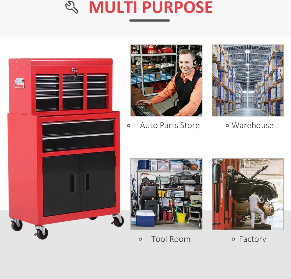 HOMCOM Szafka na narzędzia z skrzynką, na kółkach, 6 szuflad, Metal, Czerwona