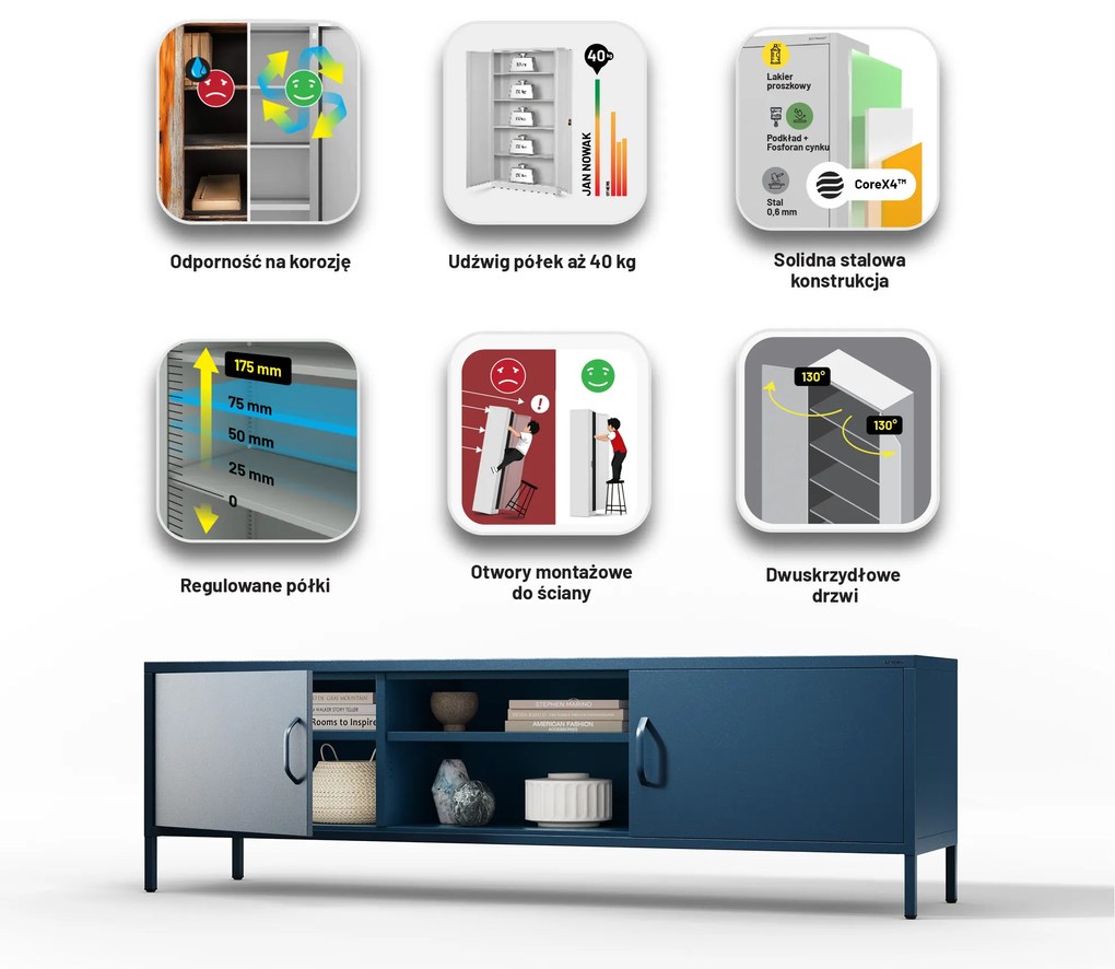 Szafka RTV długa XL granatowa ROSARIA 1700 x 400 x 500