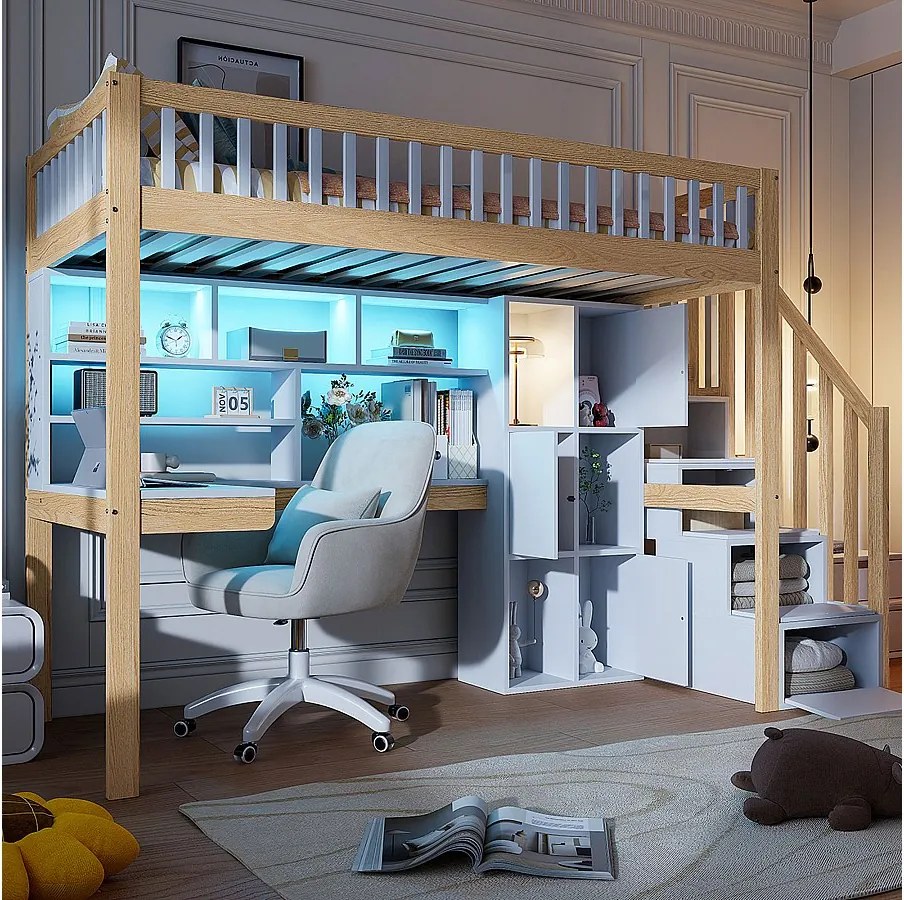 Łóżko piętrowe dla dzieci - 90 x 200 cm - z oświetleniem LED + drabinka + półki + biurko - drewno - białe