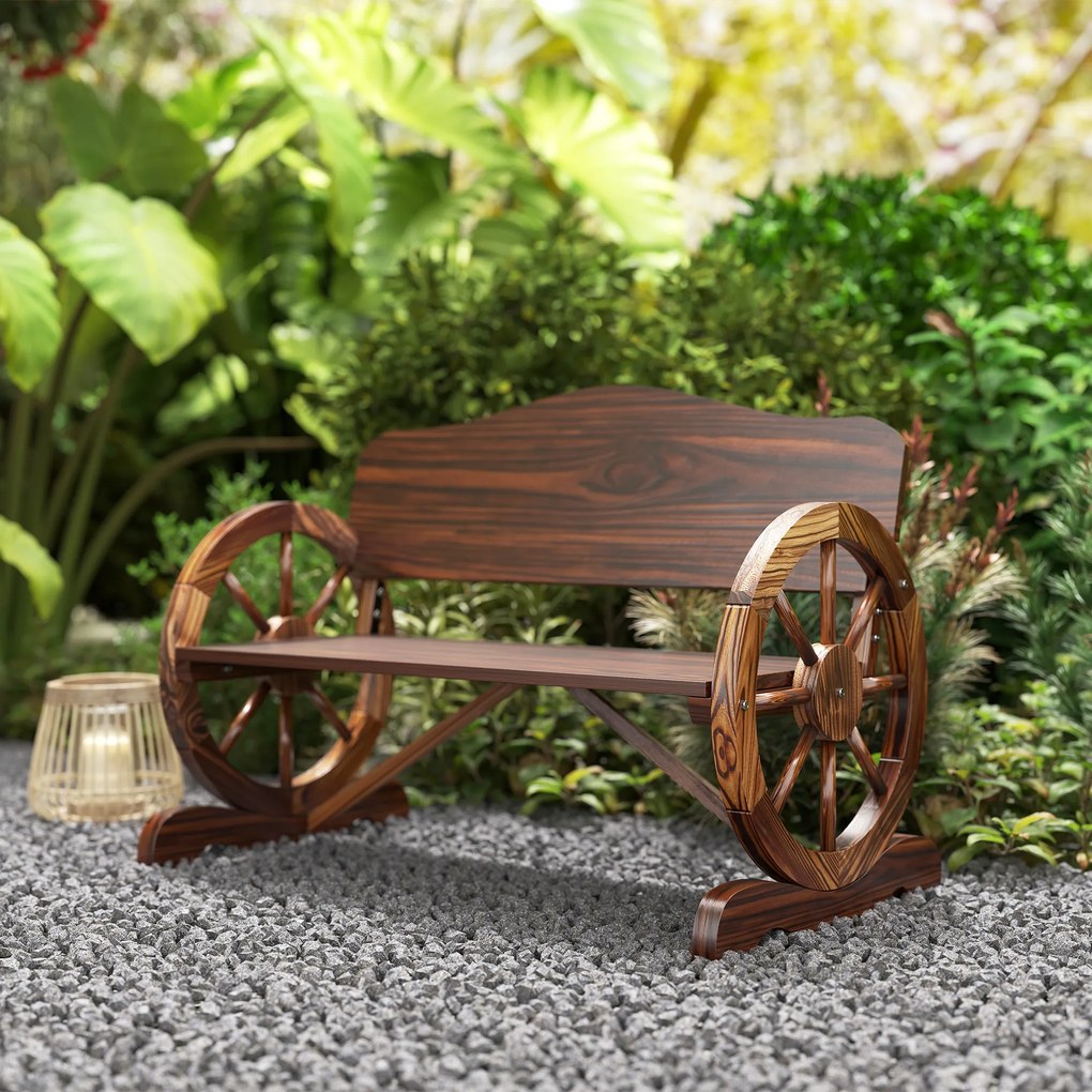 Outsunny Dwuosobowa Ławka Ogrodowa z Podłokietnikami w Kształcie Kół, Rustykalna Ławka Zewnętrzna na Taras, Werandę, Drewno Świerkowe, Brązowa