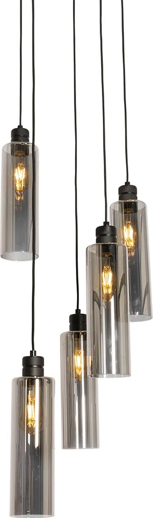 Nowoczesna lampa wisząca czarna z przydymionym szkłem 5-światłowa - Stavelot