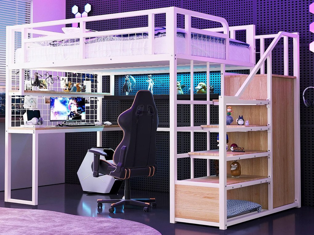 Łóżko mezzanine 140x200 cm - z oświetleniem LED i gniazdkami - z drabinką z miejscem do przechowywania - z szafą - przechowywanie i stolik - biały