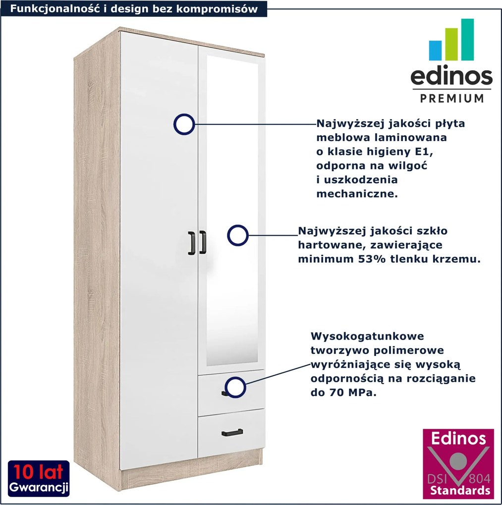 Skandynawska szafa z lustrem dąb sonoma + biały G8-S33