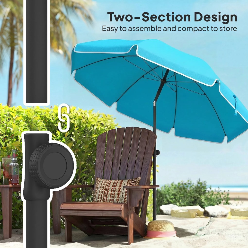 Outsunny Parasol plażowy Ø150 cm wodoodporny, składany parasol z kotwicą do piasku, regulowanym nachyleniem i torbą do przenoszenia, niebieski | Aosom PL