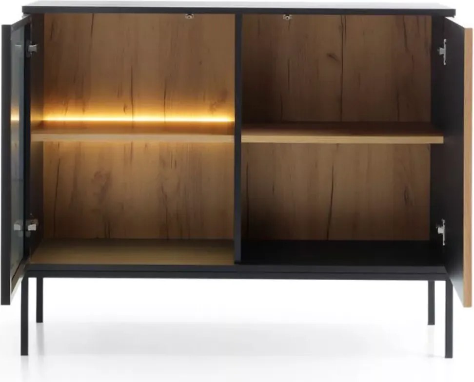 Komoda witryna Shark K104 LED nowoczesna loft szafka do salonu jadalni kaszmir czarna dąb wotan z oświetleniem LED push to open
