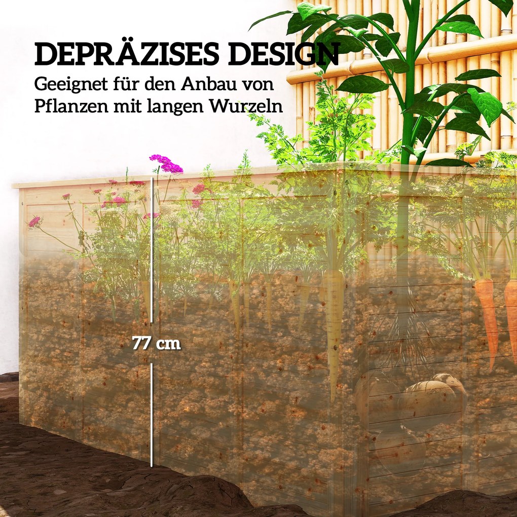 Outsunny Podwyższona drewniana grządka 152 x 77 x 77 cm Głęboka na zioła z otwartym dnem i prętami wzmacniającymi | Aosom PL
