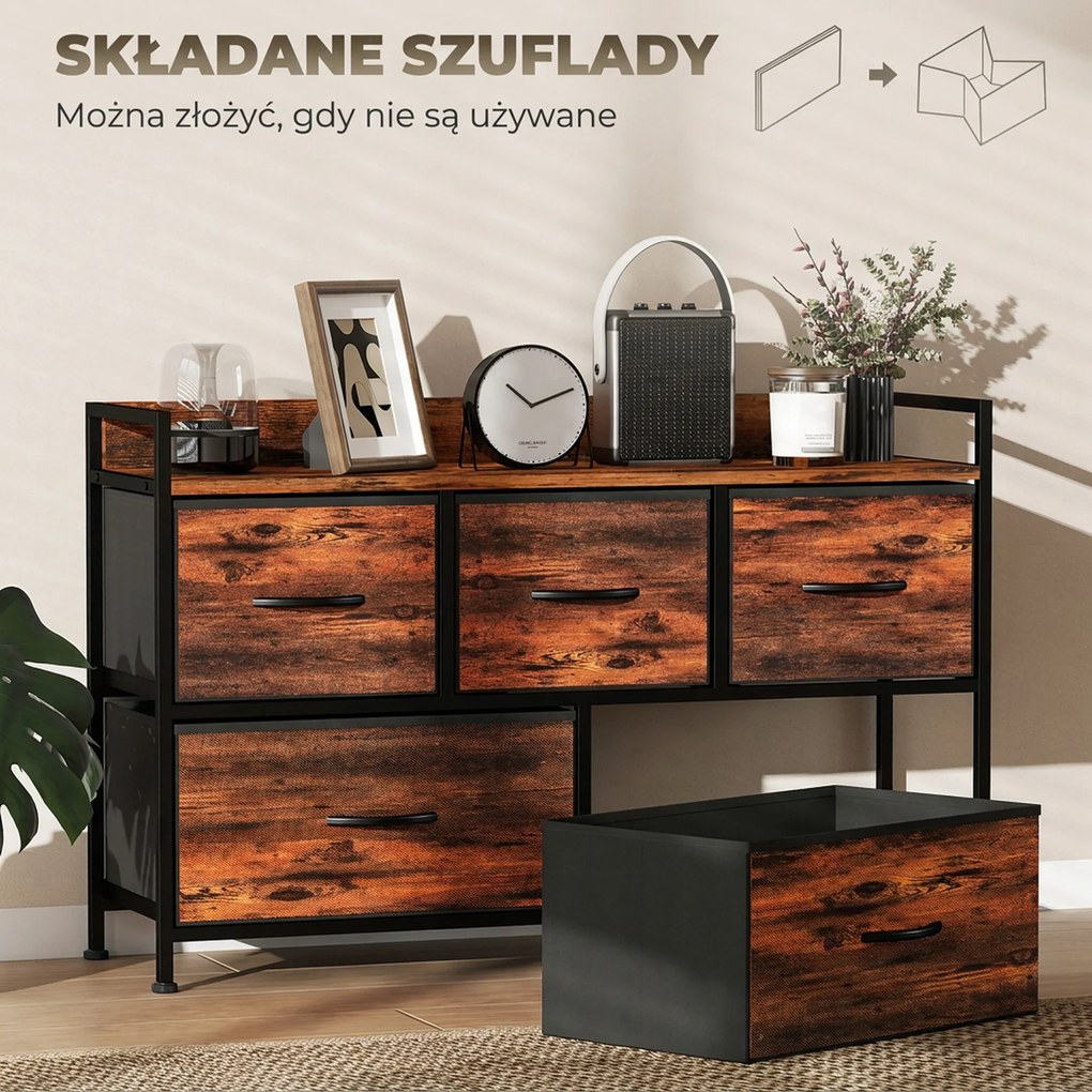 HOMCOM Komoda z Składanymi Szufladami z Tkaniny, Blat z Melaminy, Rama Stalowa, Brąz