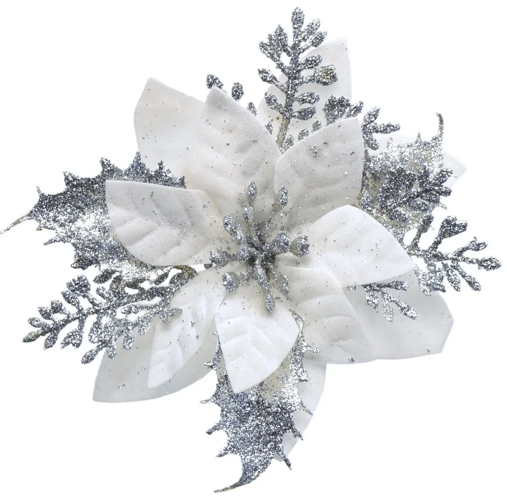 Świąteczna dekoracja Poinsettia z srebrnym klipsem, zestaw 6 szt.