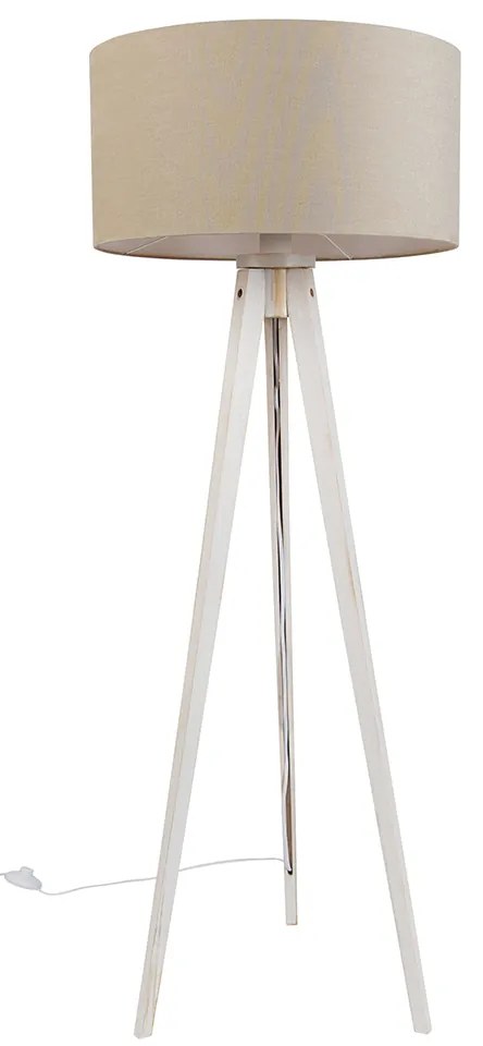 Lampa podłogowa trójnóg biała z jasnobrązowym abażurem z tkaniny 50 cm - Tripod Classic Rustykalny / Vintage Oswietlenie wewnetrzne