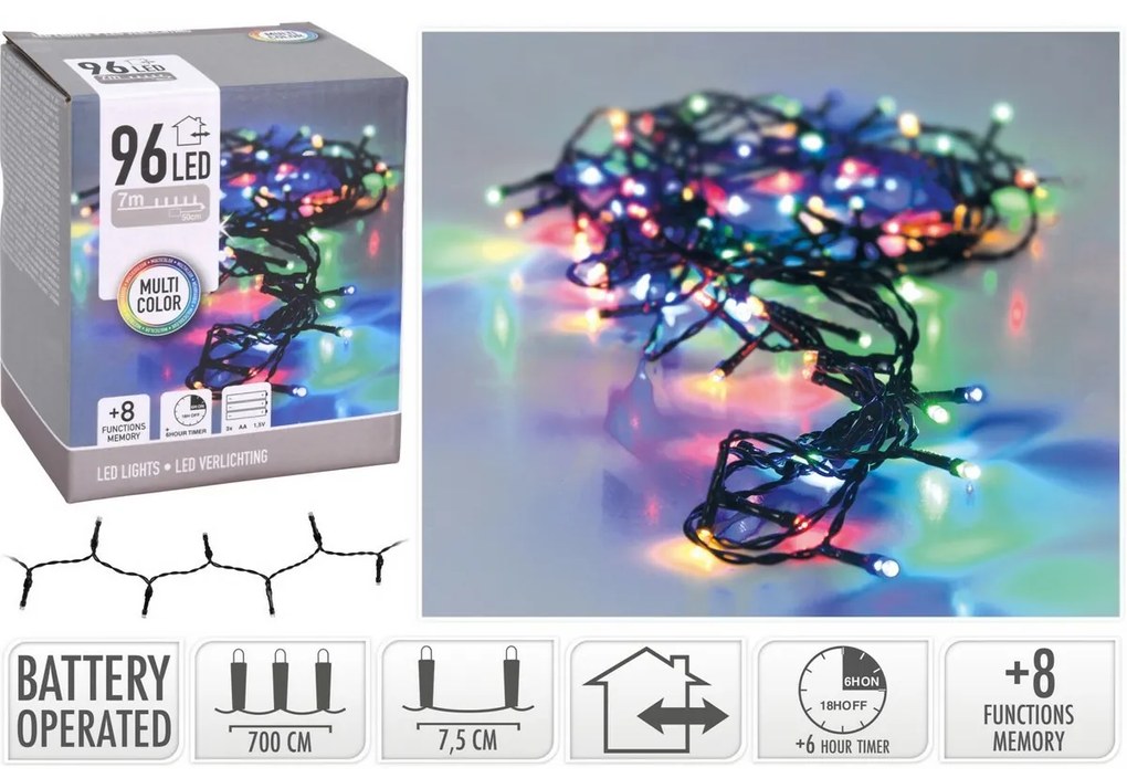 Łańcuch świąteczny zewnętrzny LED kolorowy, 96x LED, 7 m, 3x baterie AA, wyłącznik czasowy
