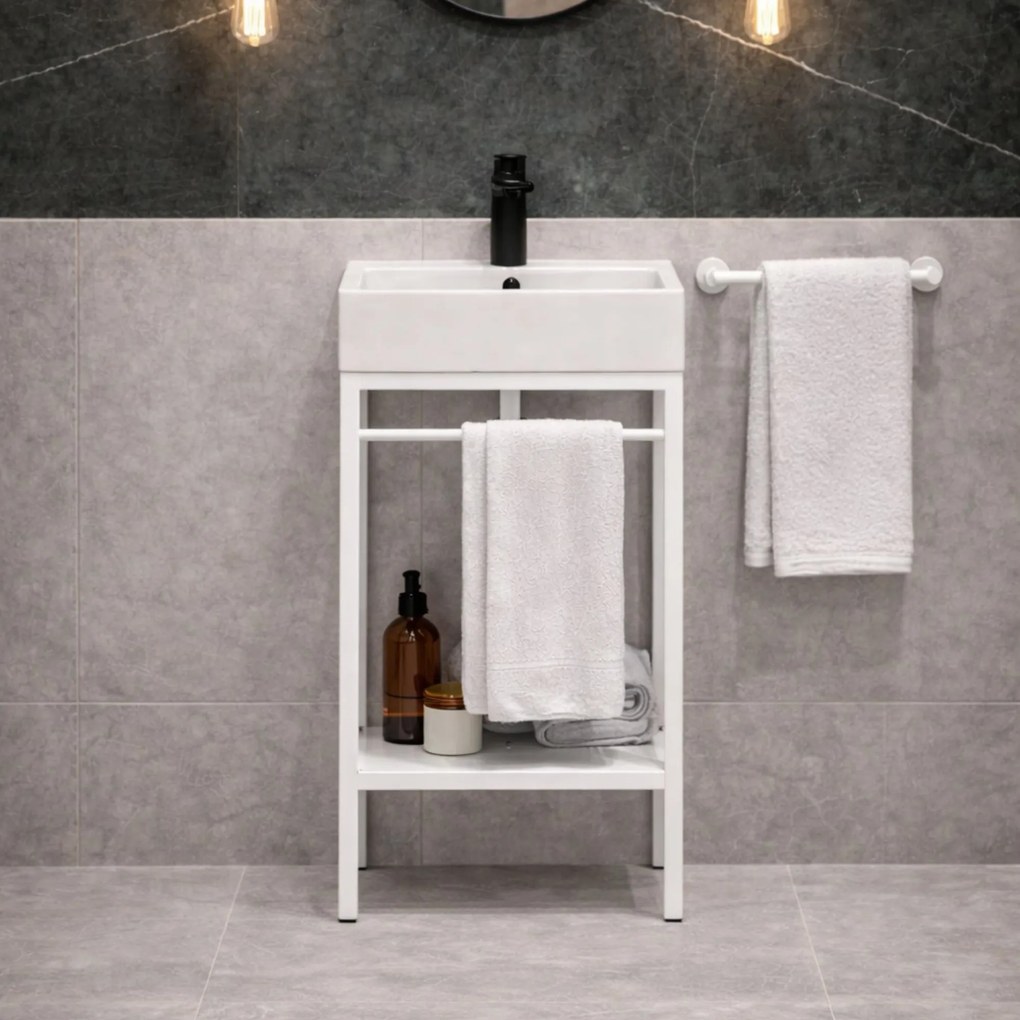 Zestaw umywalka z konglomeratu NAVI 70 x 45 cm + stojąca konsola NAVI Step | Różne kolory | Różne rozmiary : Kolor - Biały, Otwory na baterię - Bez otworów, Rozmiar - 50 x 45 cm