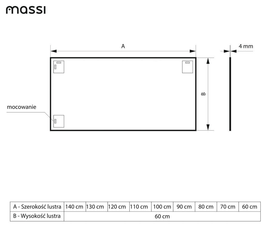 Lustro prostokątne bez ramy podświetlane TAVA LED | Różne rozmiary : Rozmiar - 60 x 130 cm