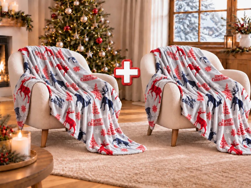 2x Szary świąteczny mikropluszowy koc MERRY CHRISTMAS DEER 160x200 cm