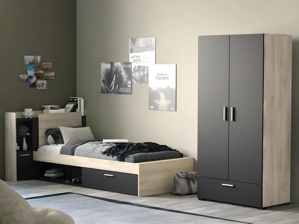 Łóżko 90 x 190/200 cm ze schowkami - Czarny i naturalne drewno + Stelaż + Materac - MARTELO