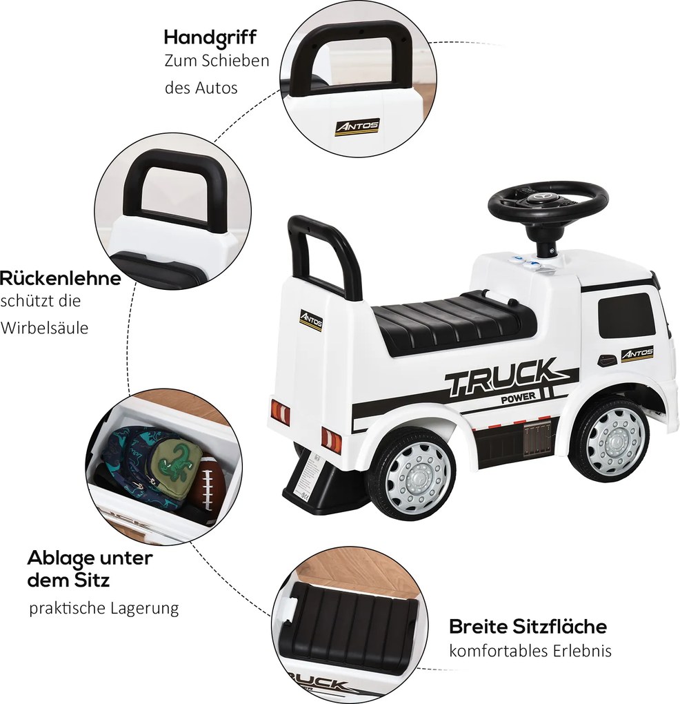 HOMCOM jeździk Mercedes ANTOS ciężarówka dla dzieci 12-36 miesięcy Biało-czarny z światłami 625x285x45cm | Aosom PL