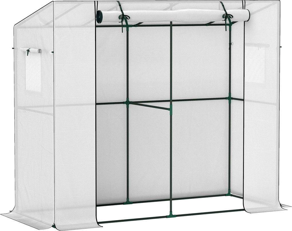Outsunny Mini szklarnia, szklarnia przyścienna z rolowanymi drzwiami i oknami siatkowymi, odporna na UV, dla kwiatów, sadzonek, roślin, Biała