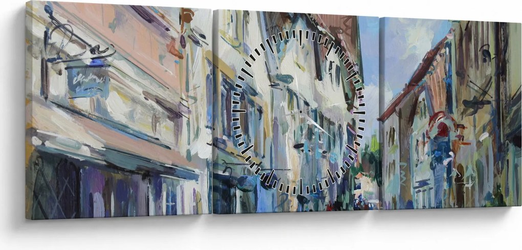 Obraz - Aleja starego miasta, malarstwo akrylowe (z zegarem) (90x30 cm)