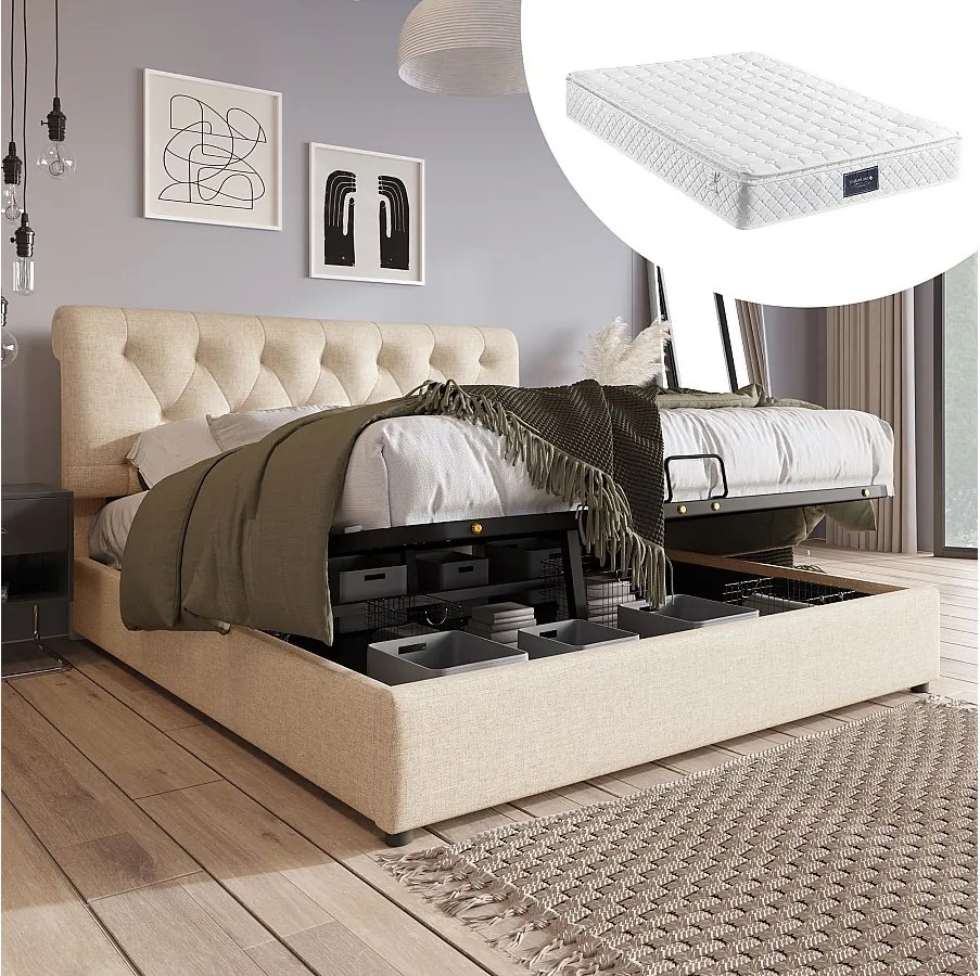 Łóżko z pojemnikiem 160x200 cm - Łóżko dwuosobowe z regulowanym zagłówkiem - drewno naturalne - materac w zestawie