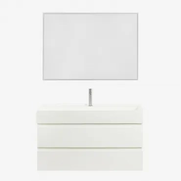 Zestaw Wiszących Mebli Łazienkowych Z Drewna I Forniru Jesionowego Zintegrowany Z Umywalką Ona Biała & Prostokątna - Sklum