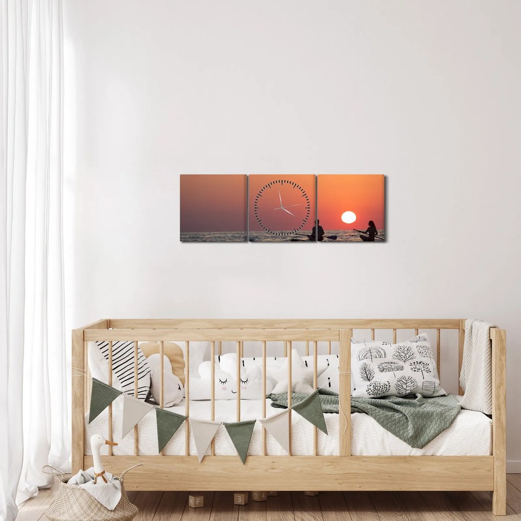 Obraz kajakarzy o zachodzie słońca (z zegarem) (90x30 cm)