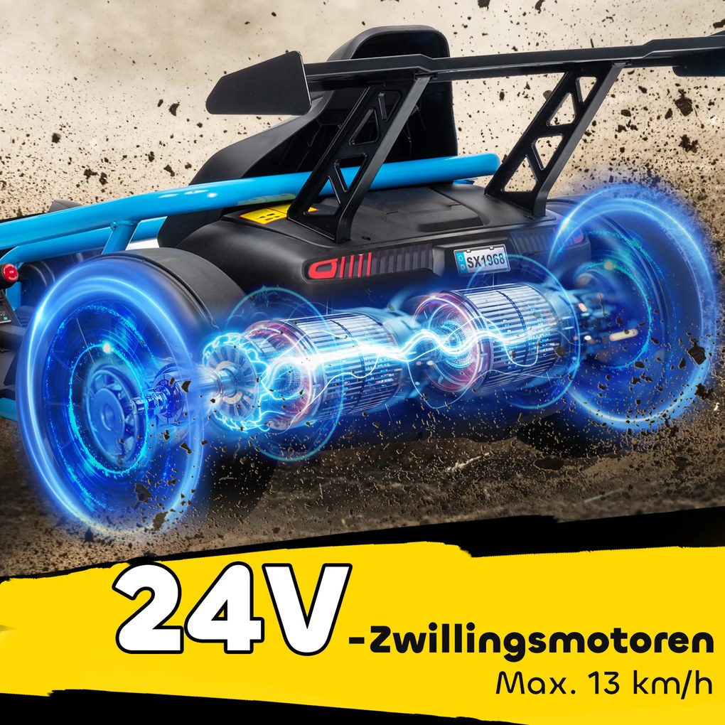 AIYAPLAY 24V elektryczny gokart do jazdy i driftu, opony nylonowe, pas bezpieczeństwa, klakson, muzyka dla 8-12 lat Niebieski