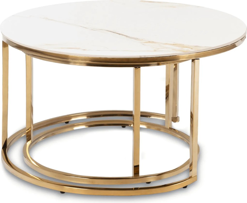 Zestaw Stolików Kawowych MILANO 60 cm/80 cm Biały Marmur/Złoty Glamour