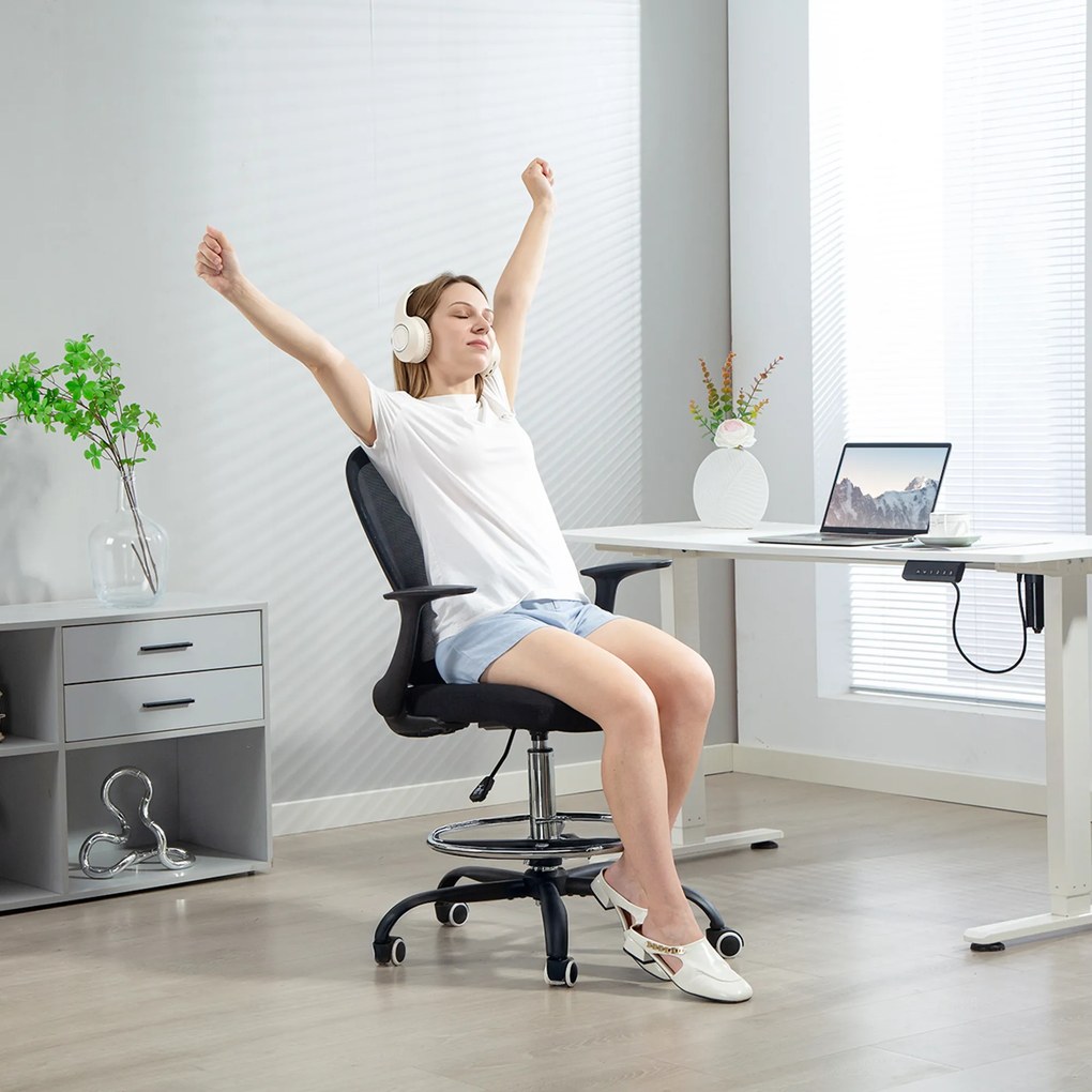 HOMCOM Fotel biurowy Regulacja wysokości Krzesło biurkowe z regulowanym pierścieniem podnóżka, podparciem lędźwiowym, 62 x 59 x 119 cm, Czarny