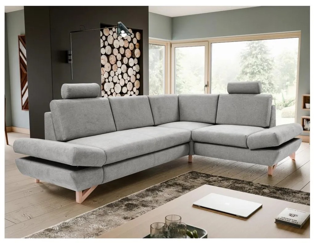 Narożna, rozkładana sofa tapicerowana AVESTA z pojemnikiem na pościel, układ L, prawostronna, szara