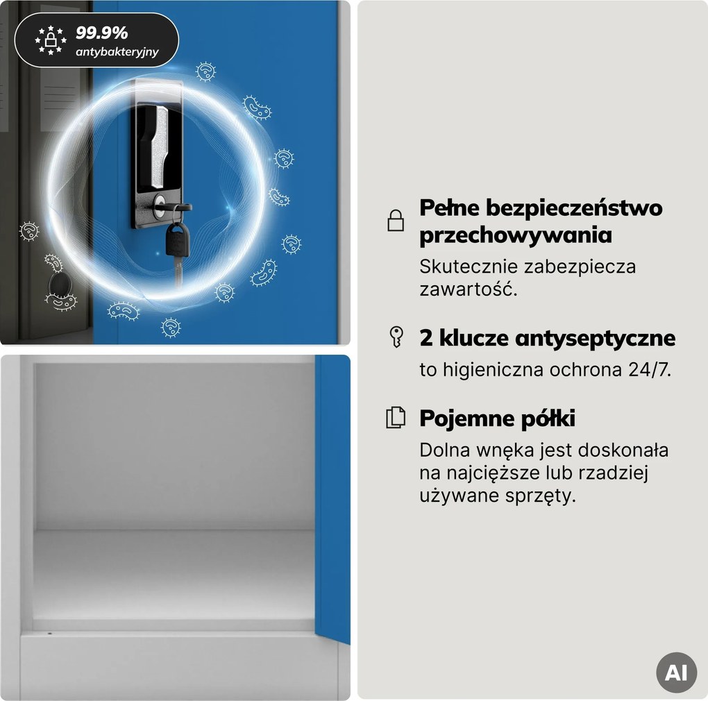 Szafa na akta kartotekowa na klucz szaro-niebieska, 450x1850x400 mm: ALEX