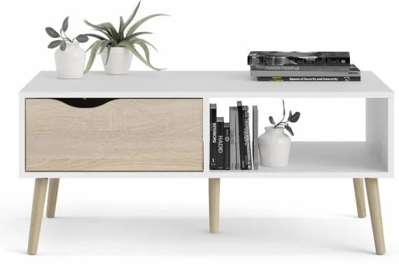 Biały stolik kawowy OSLO 75384 z blatem w dekorze dębu