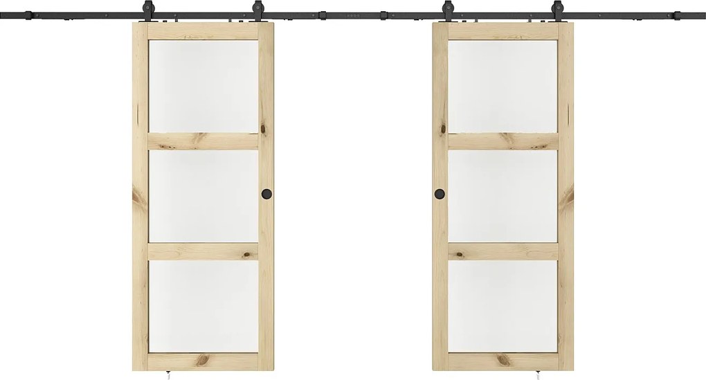Drzwi przesuwne podwójne naścienne z drewna i szkła hartowanego - 3 okna - 2 x wys. 205 x szer. 83 cm - ACOSTA II
