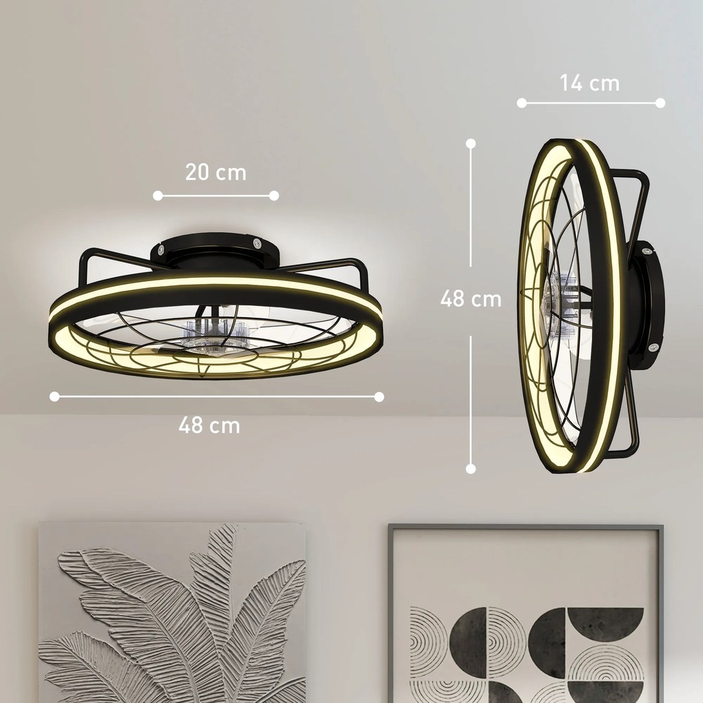HOMCOM Wentylator sufitowy z lampą i pilotem, 48 cm LED, 3 temperatury światła, 6 prędkości, timer, czarny | Aosom PL