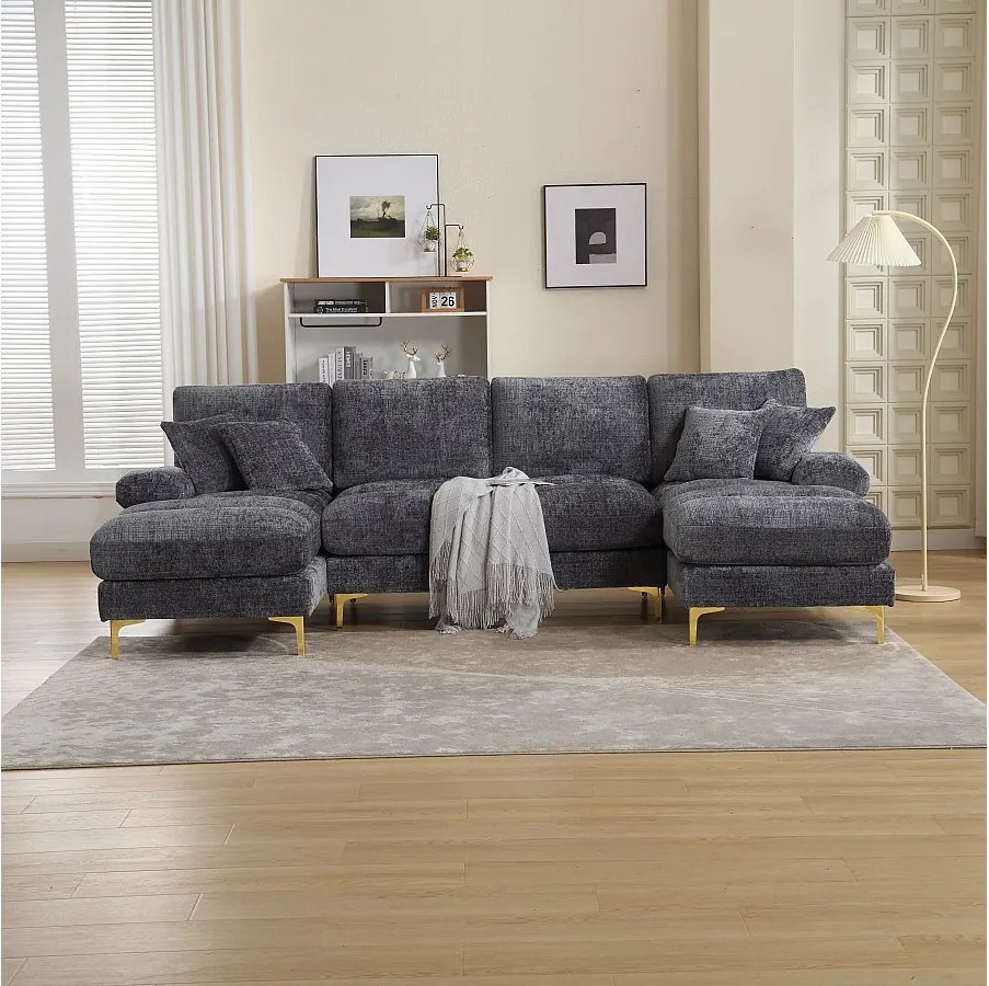 Sofa w kształcie litery U, szary szenil, tapicerowana sofa z poduszkami i 2 poduszkami dekoracyjnymi, odpowiednia do salonu i sypialni